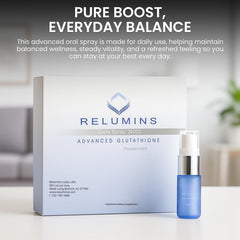 Relumins glutathione spray daily-use vial in hand for easy dosing.