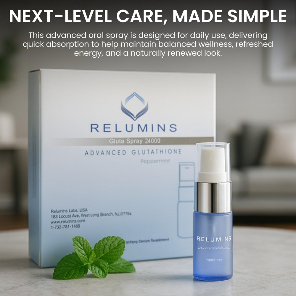 Relumins glutathione spray dispense close-up highlights fast-absorption potential.