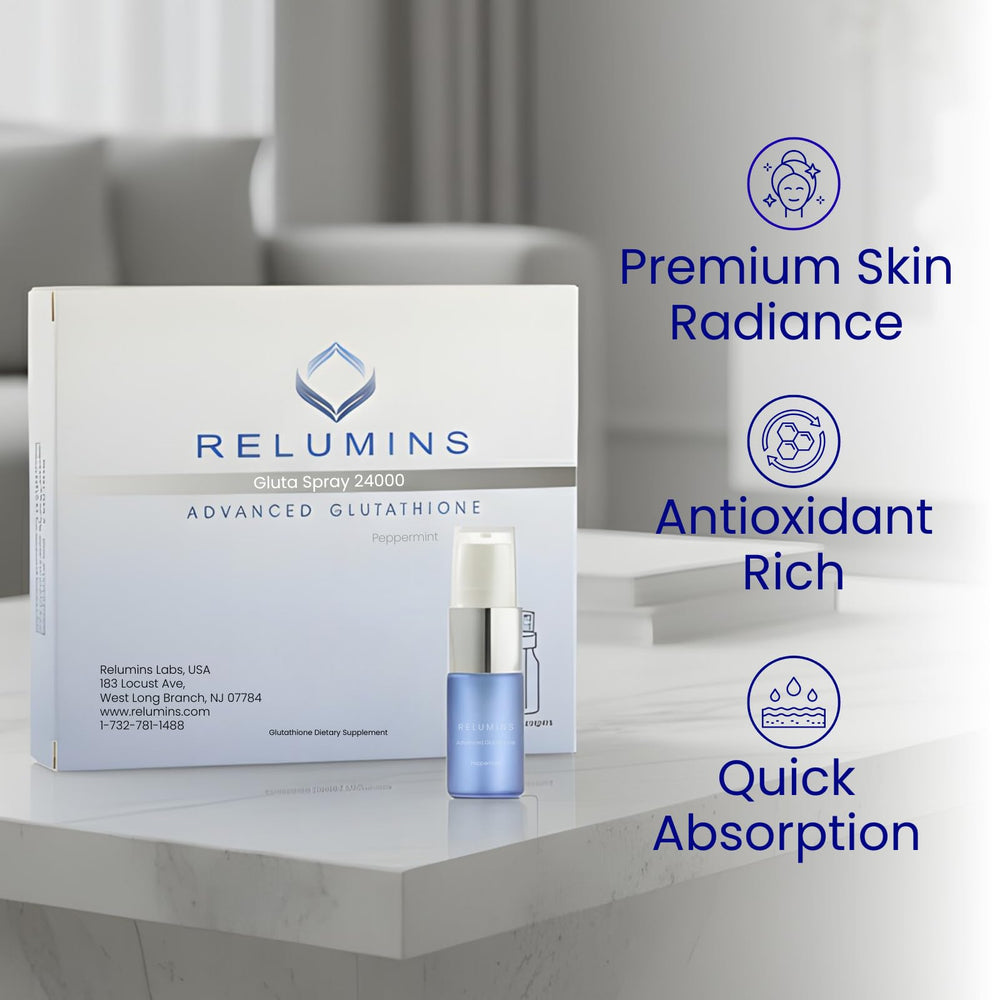 Relumins glutathione spray packaging shown for portable use and convenience.
