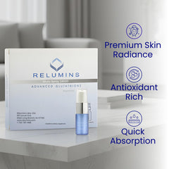 Relumins glutathione spray packaging shown for portable use and convenience.