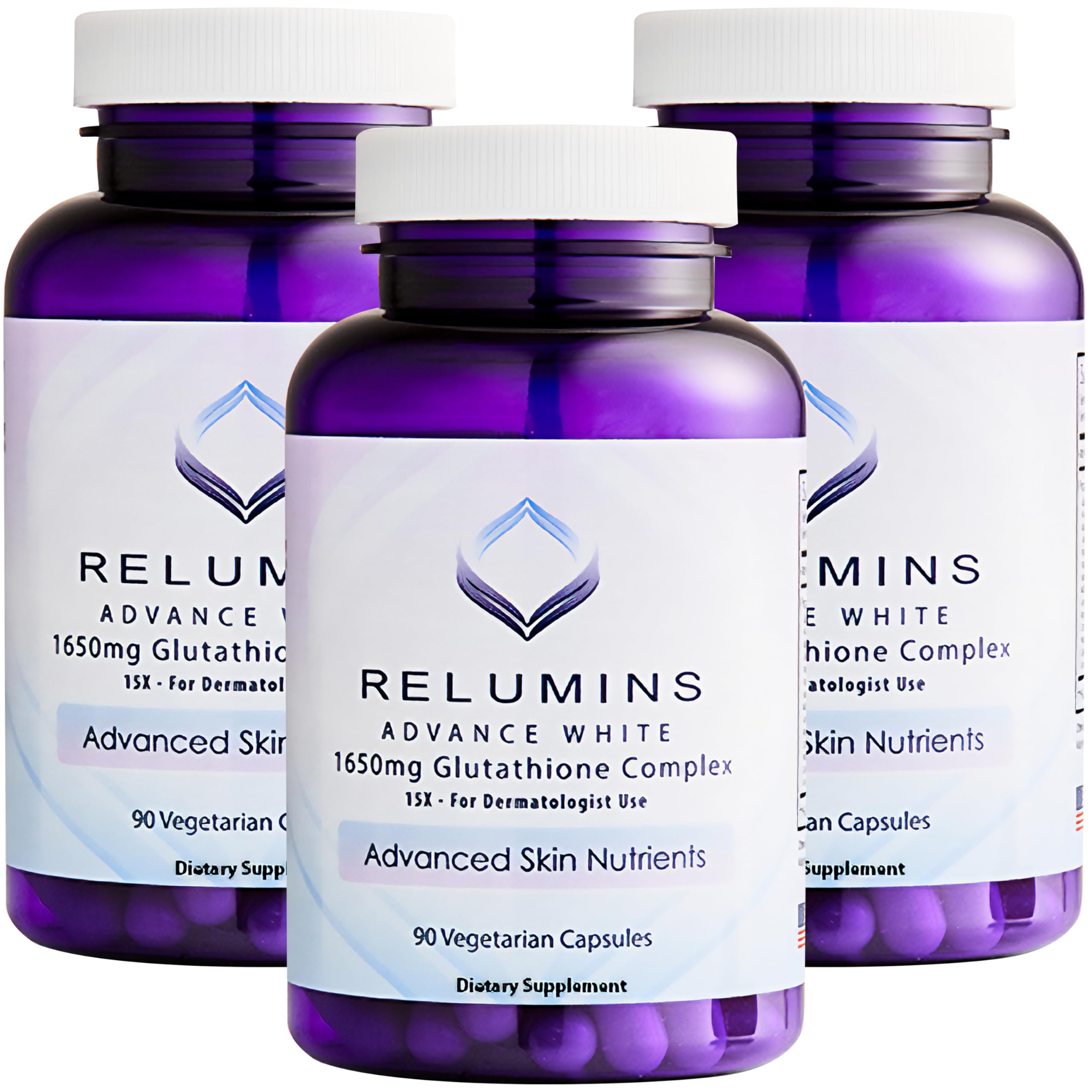 Relumins L-Glutathione Complex bottle displayed, supports antioxidant wellness for daily vitality.