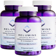 Relumins L-Glutathione Complex bottle displayed, supports antioxidant wellness for daily vitality.