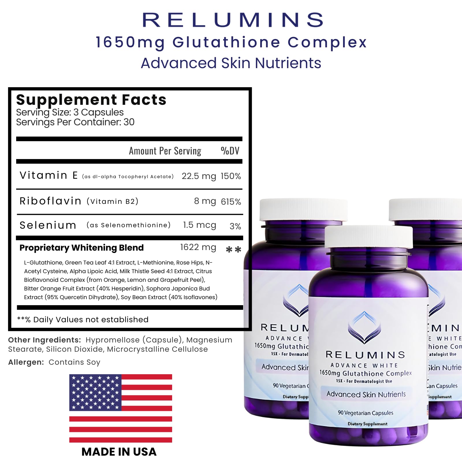 Relumins L-Glutathione Complex made-in-USA seal indicating quality manufacturing.