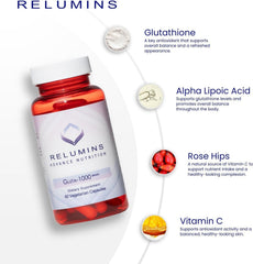 Relumins L-Glutathione bottle back label with vegan formula details.