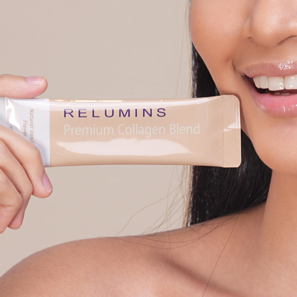 Relumins vanilla sachets neatly arranged for an on-the-go routine.