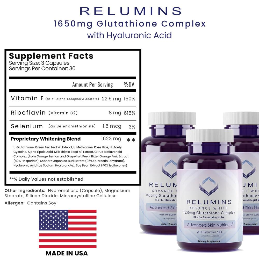 Relumins vegan-certified label signals clean ingredients.
