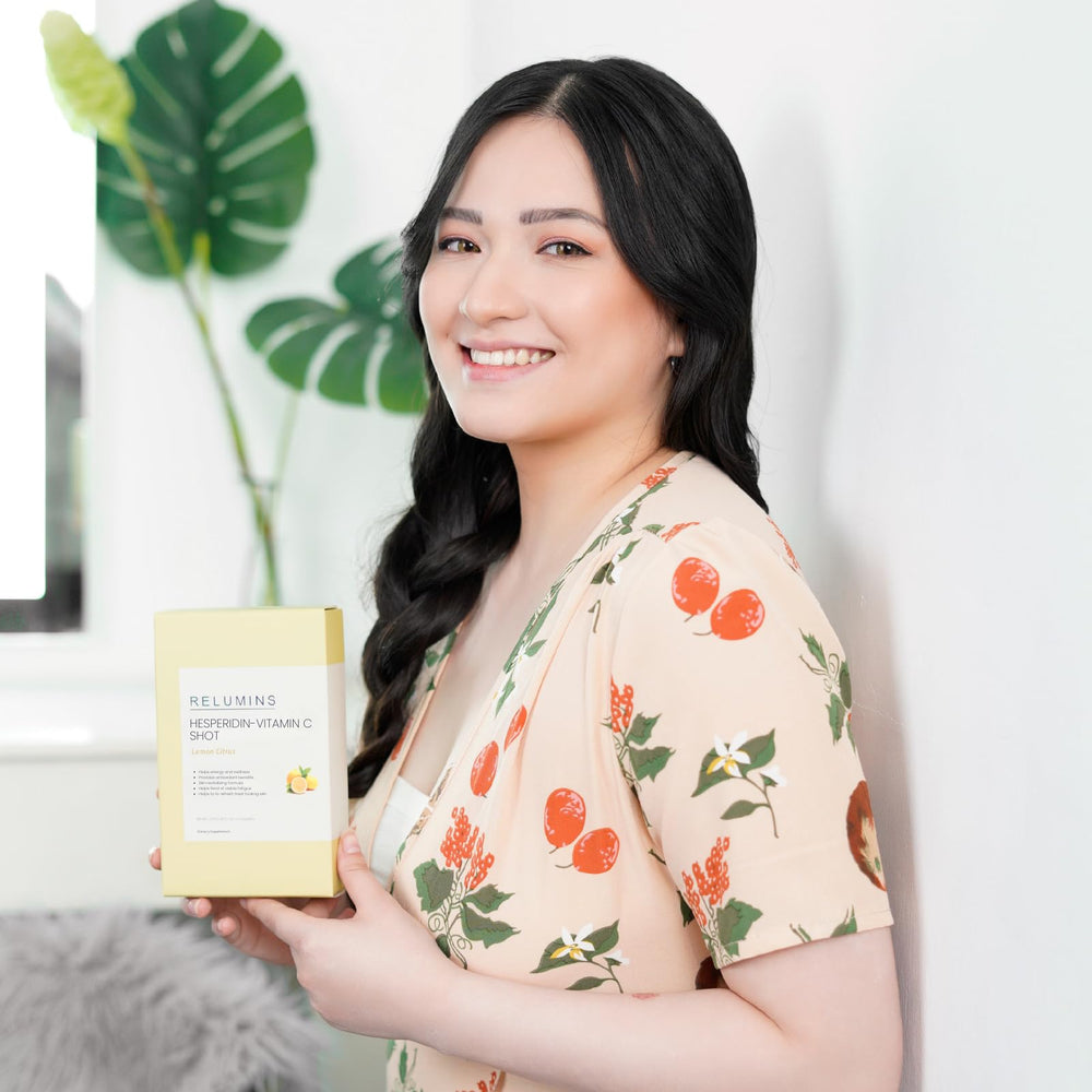 Relumins Vitamin C Shots bioflavonoids sachet emphasizing antioxidant protection and skin resilience.
