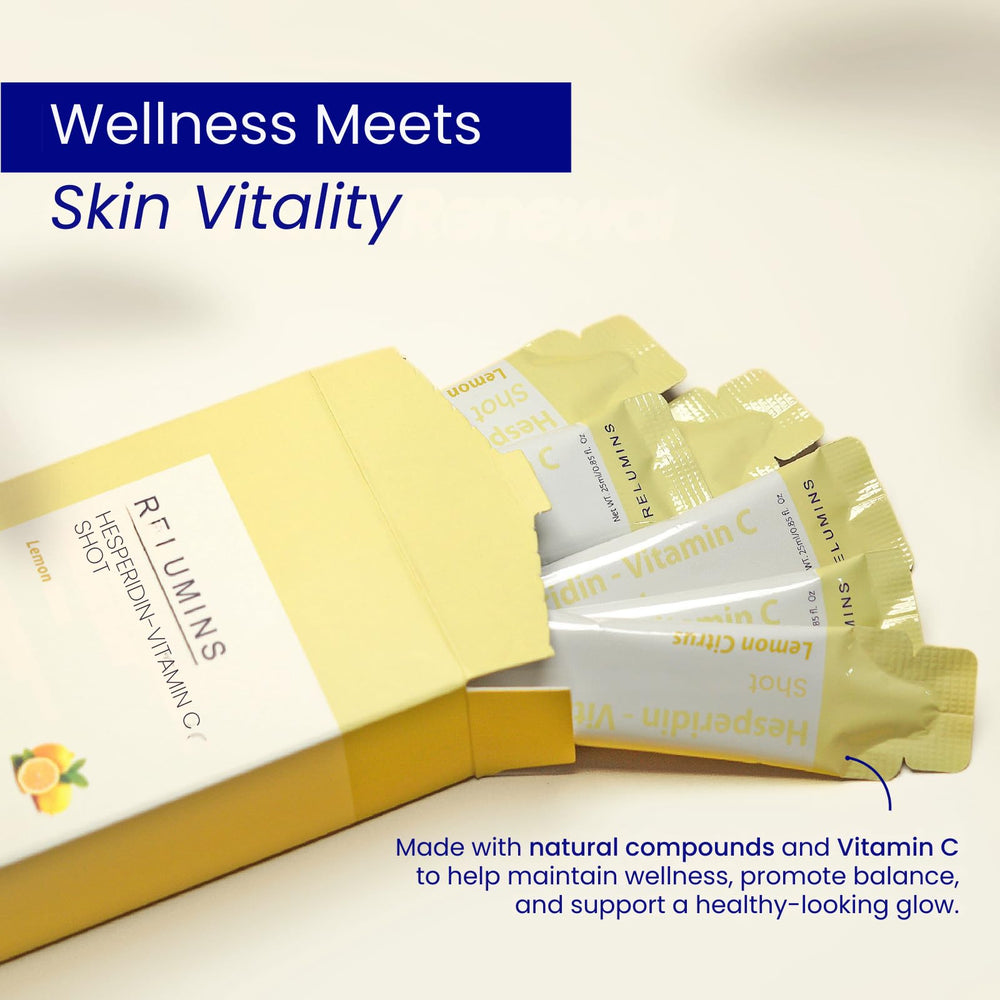 Relumins Vitamin C Shots bottle displaying daily immune support imagery.