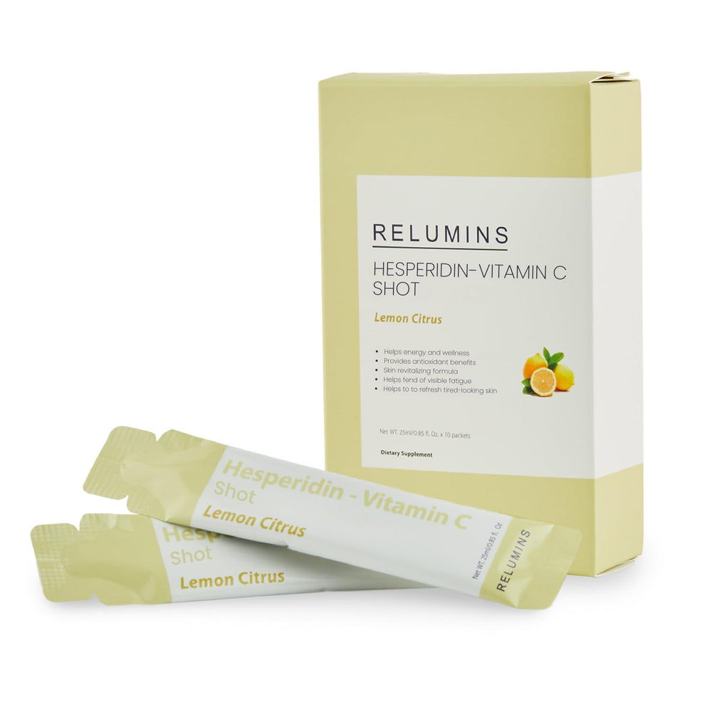 Relumins Vitamin C Shots lemon citrus sachet highlighting immune support and antioxidant benefits.