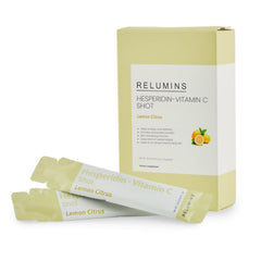 Relumins Vitamin C Shots lemon citrus sachet highlighting immune support and antioxidant benefits.
