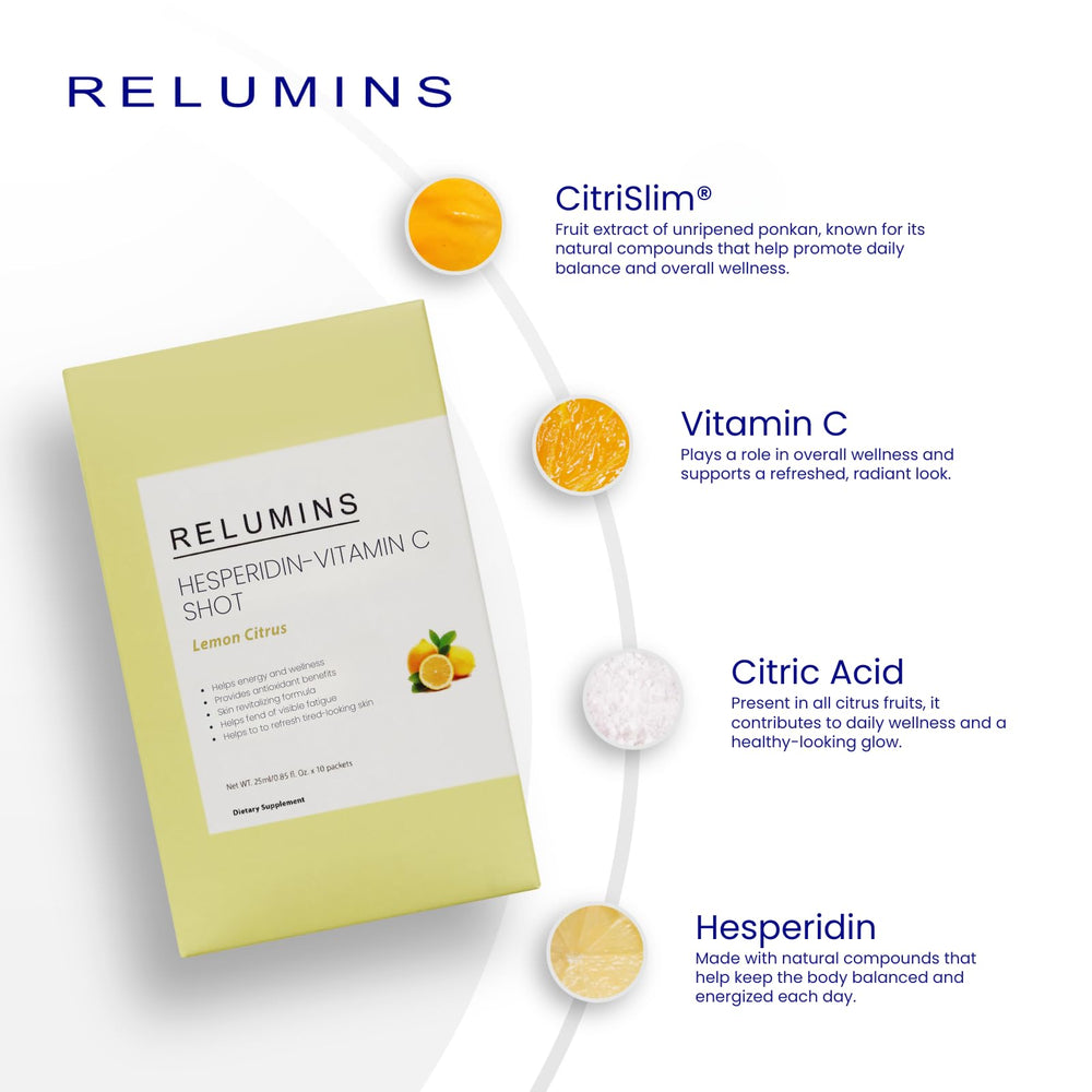 Relumins lemon citrus liquid being poured into a glass for refreshing daily intake.