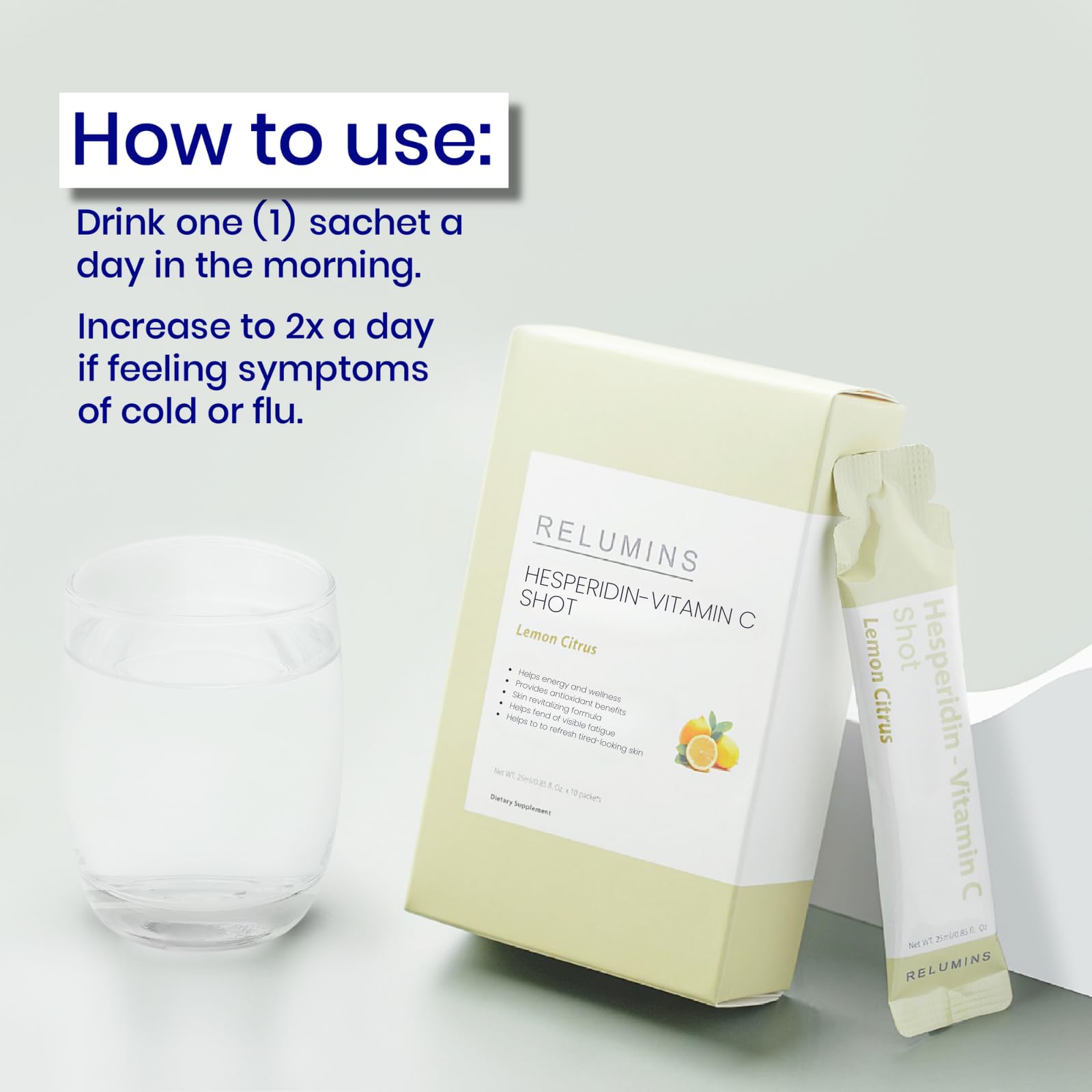 Relumins immunity shot sachets arranged for travel-friendly daily use.
