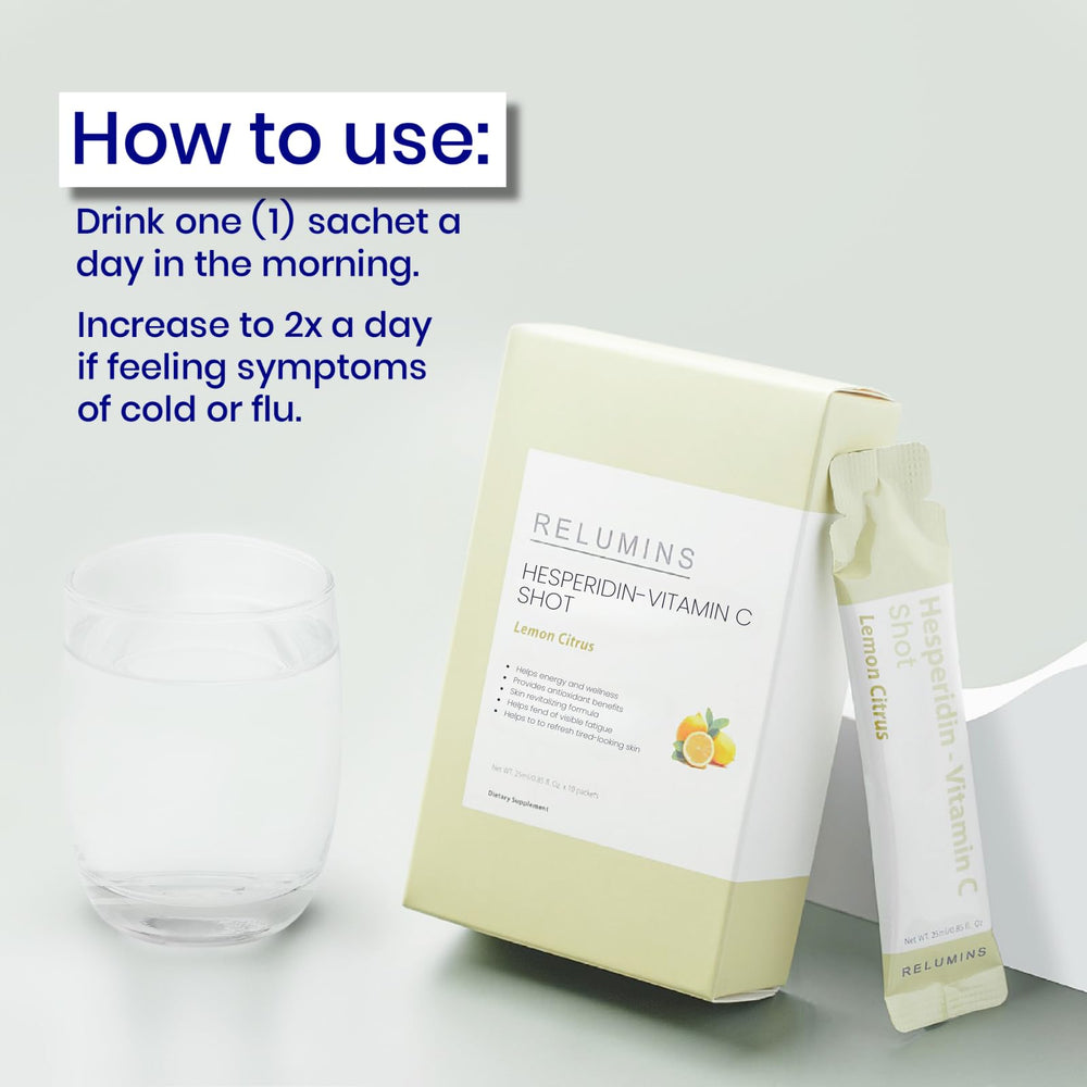 Relumins immunity shot sachets arranged for travel-friendly daily use.