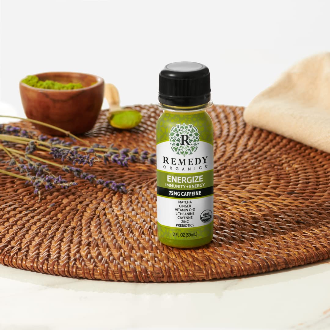 Label detail highlighting organic certification and clean ingredients on Remedy Organics Immunity Plus Shot.