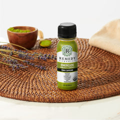 Label detail highlighting organic certification and clean ingredients on Remedy Organics Immunity Plus Shot.