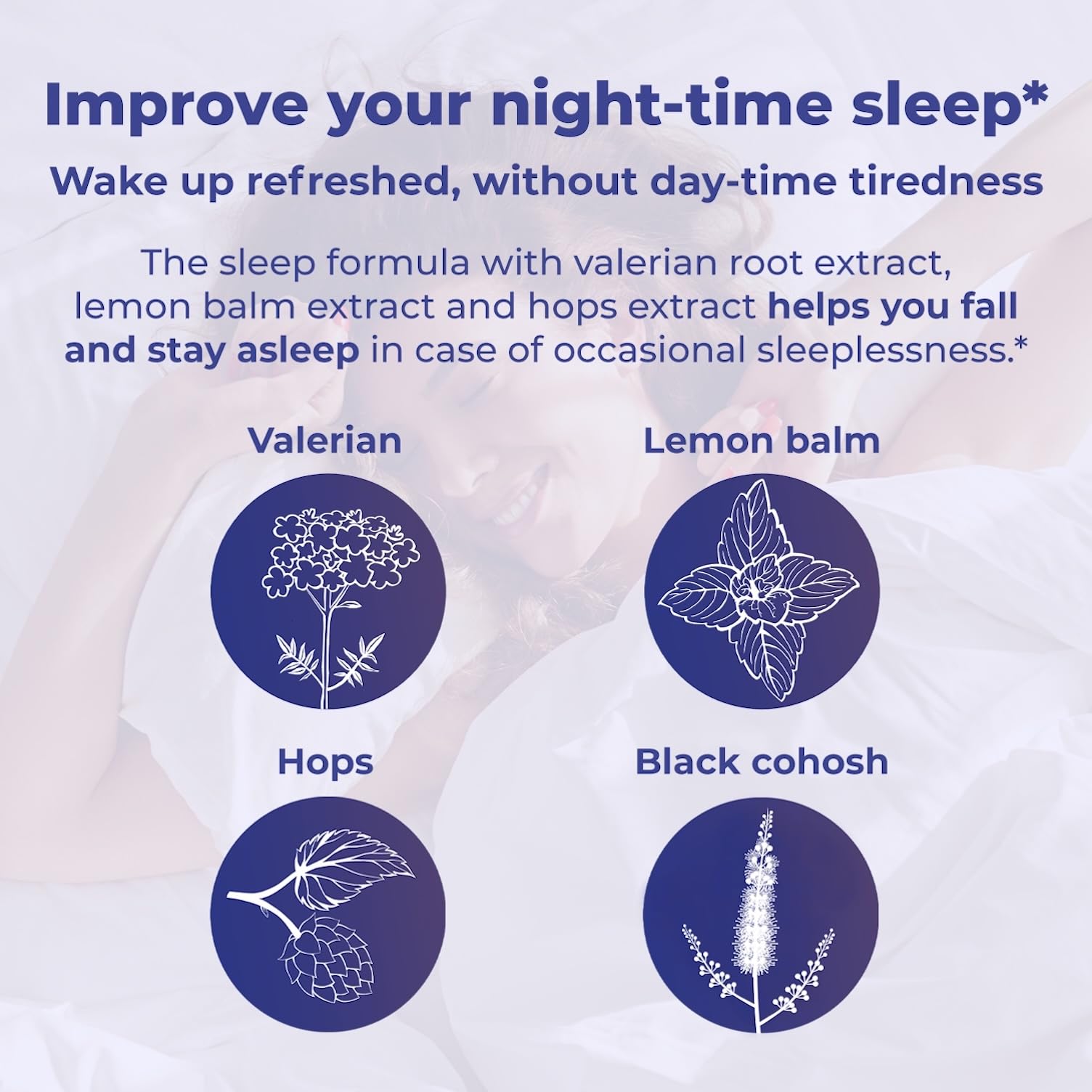 Remifemin Good Night tablets on a pillow, suggesting nighttime use for rest.