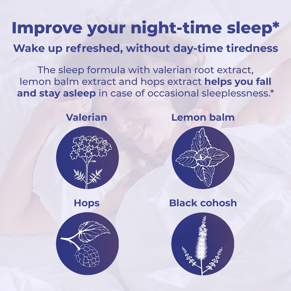 Remifemin Good Night tablets on a pillow, suggesting nighttime use for rest.