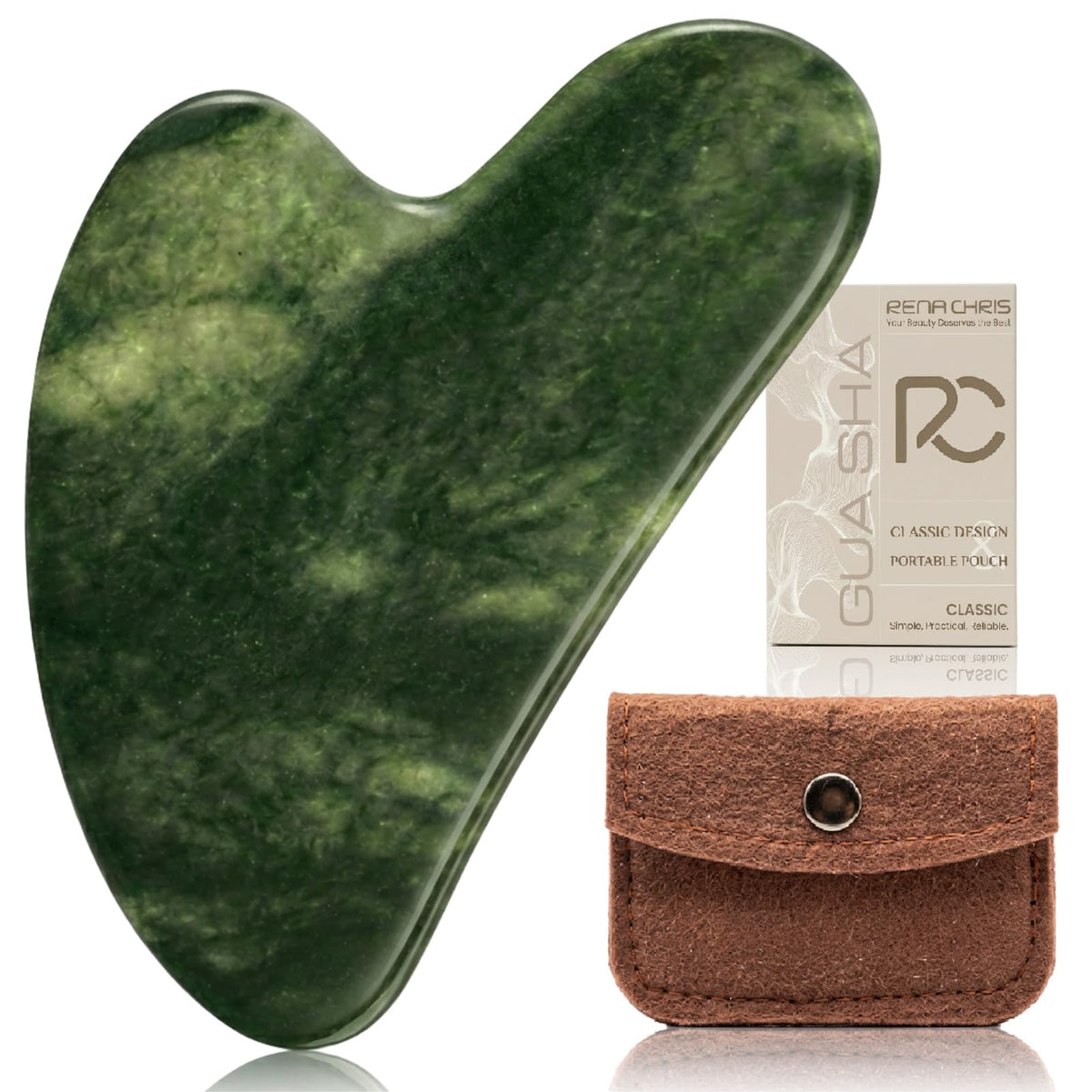 Rena Chris Gua Sha heart-edge shapes the jawline for precise sculpting.