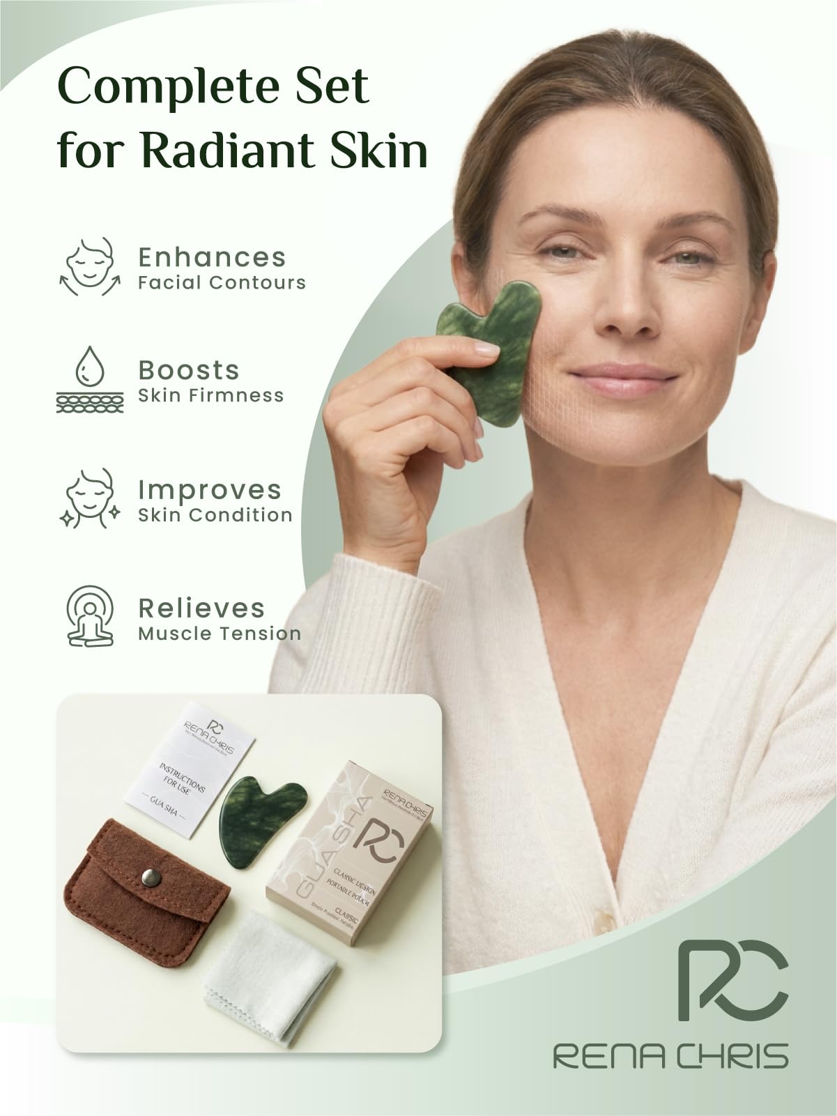 Rena Chris natural jade stone glides smoothly for a cooling massage.