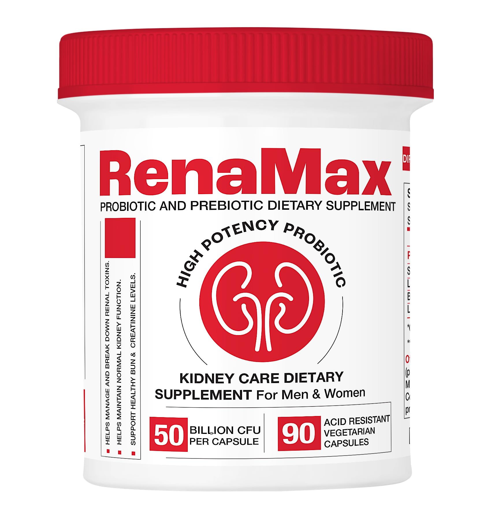 RENAMAX Kidney Restore bottle label highlighting probiotic blend for kidney support