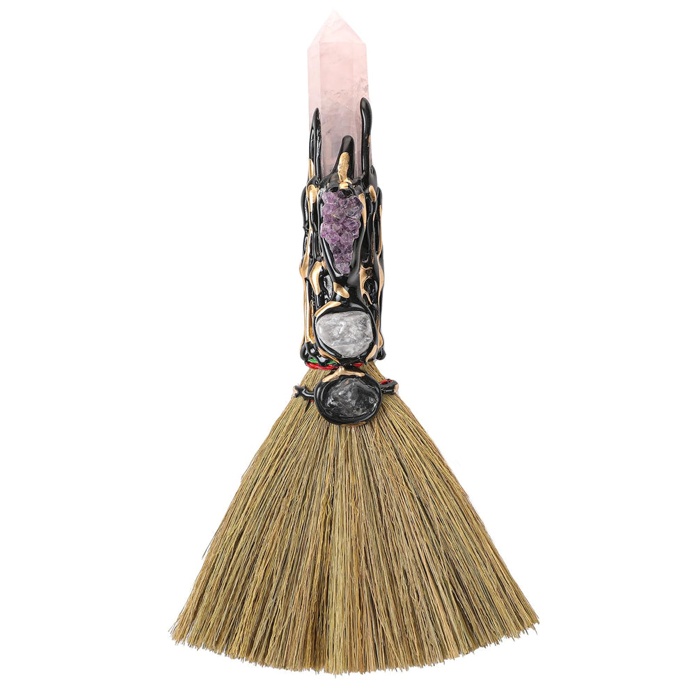 RENEMEGO Amethyst Clusters on broom enhance altar energy and focus.