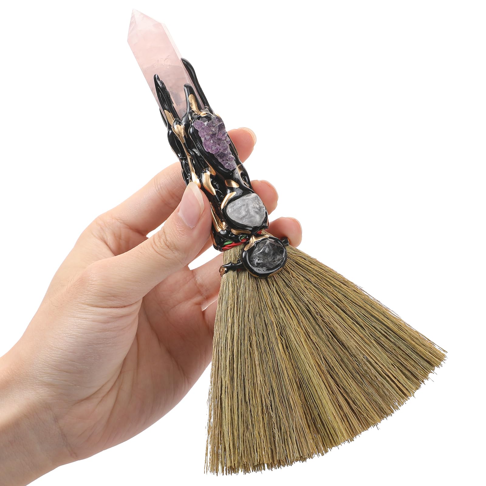 RENEMEGO Rose Quartz Witch Broom with Amethyst Clusters for sacred space cleansing.