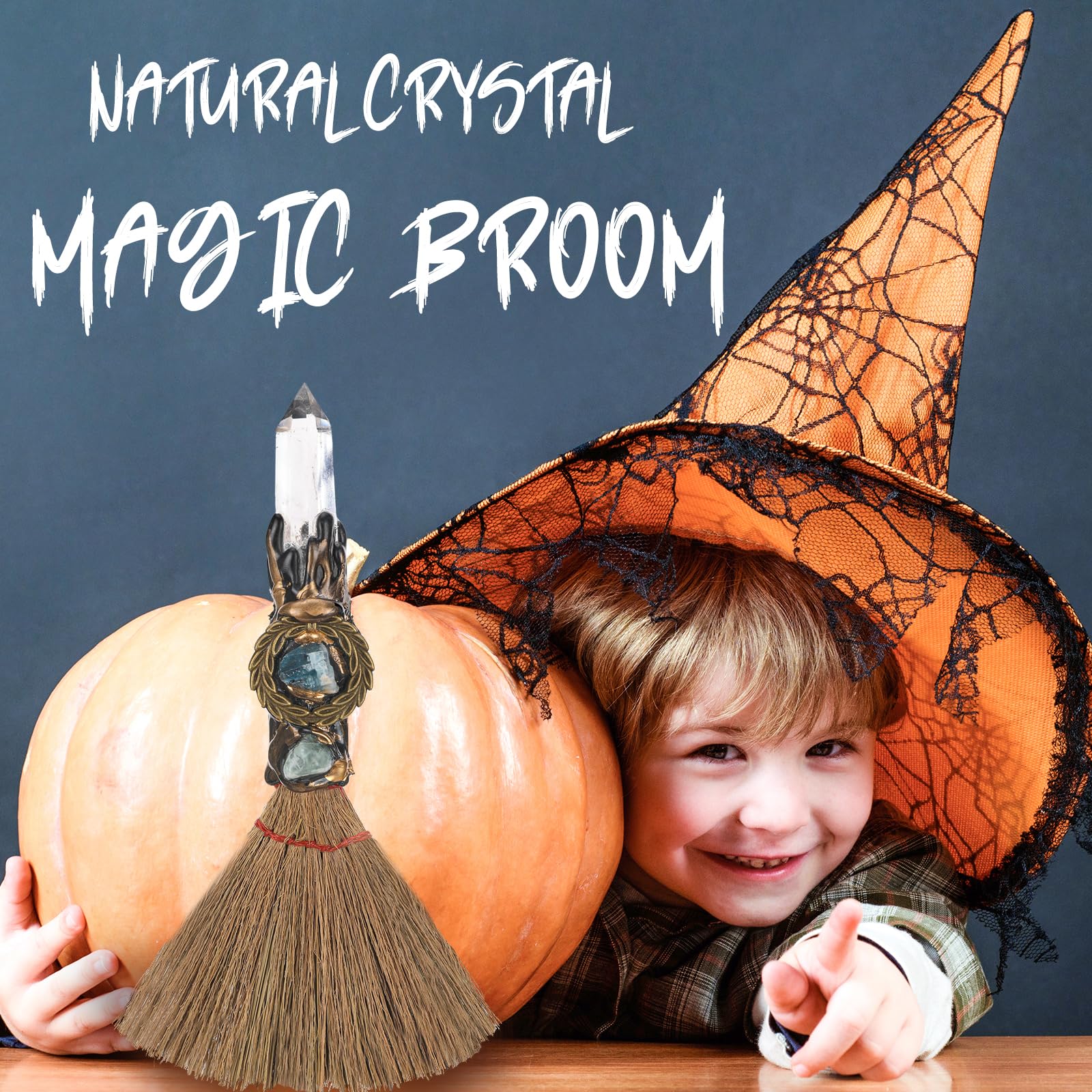 RENEMEGO Witch Broom with Crystal Stone – decorative wand enhances home decor and energy.