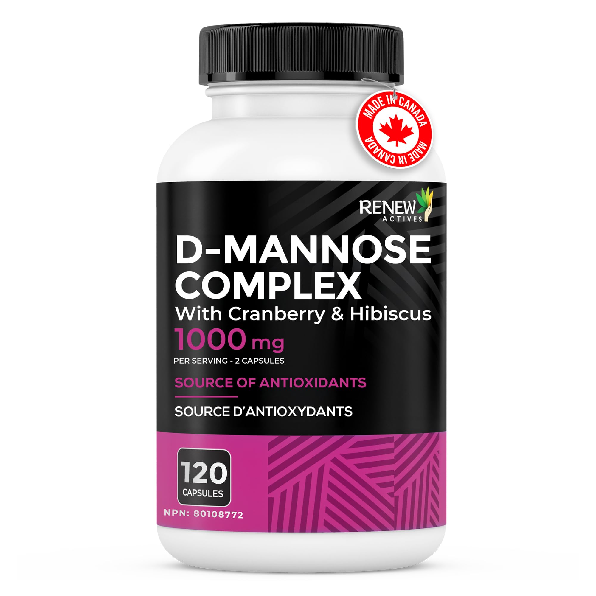 Renew Actives D-mannose cranberry capsules closeup highlighting easy daily intake.