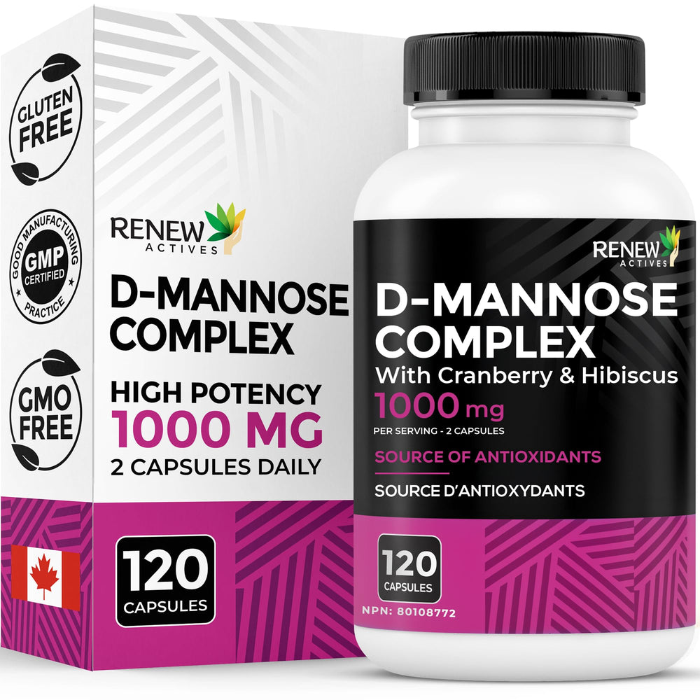 Renew Actives high potency D-mannose cranberry bottle supports urinary wellness.