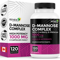 Renew Actives high potency D-mannose cranberry bottle supports urinary wellness.