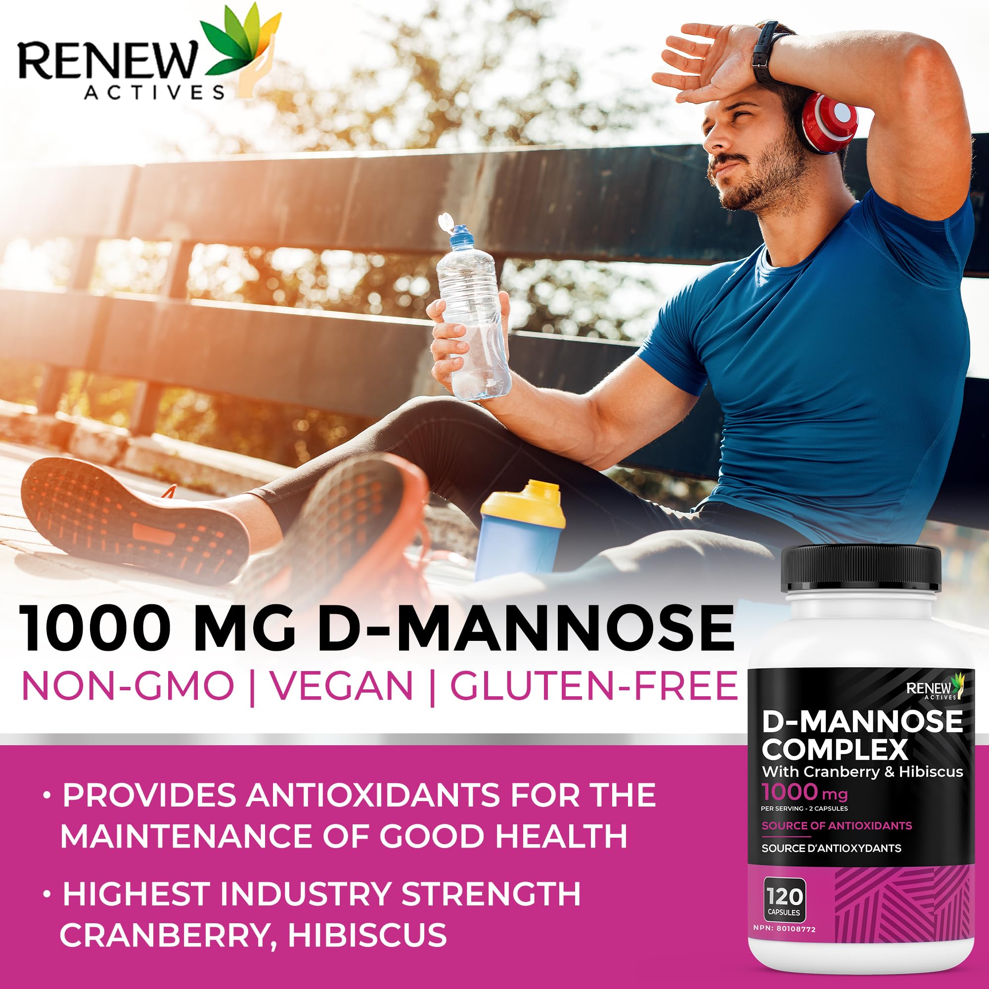 Renew Actives D-mannose cranberry ingredients panel highlights key components for potency.