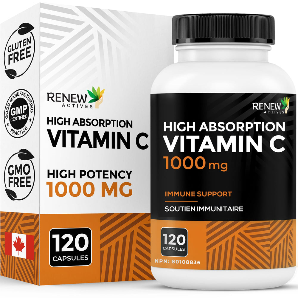Renew Actives Vitamin C 1000mg bottle label close-up highlighting antioxidant support