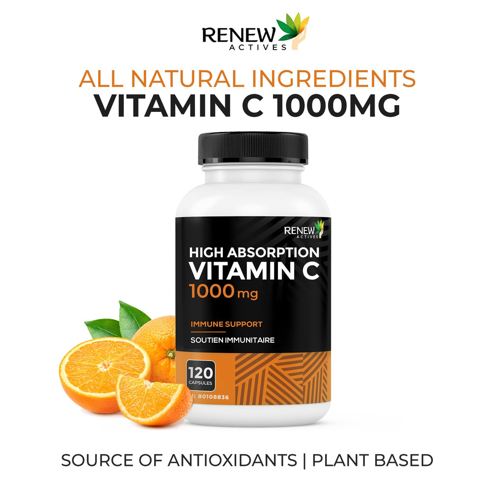 Renew Actives Vitamin C 1000mg bottle on white backdrop for daily wellness