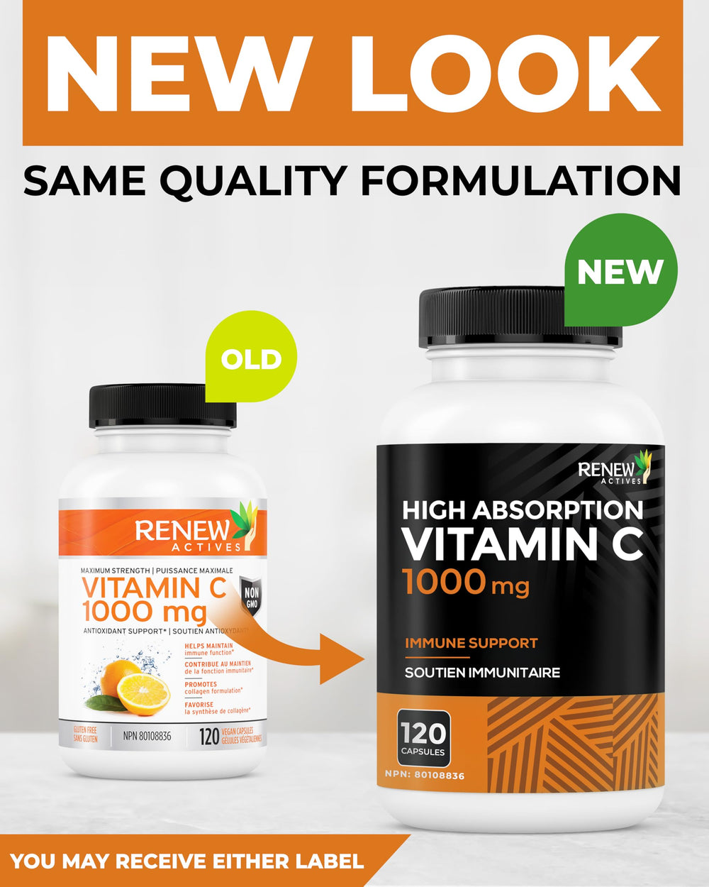 Renew Actives Vitamin C 1000mg label shows non-GMO and sugar-free formula