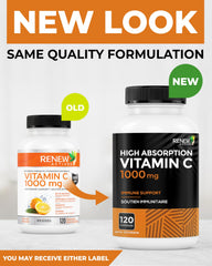 Renew Actives Vitamin C 1000mg label shows non-GMO and sugar-free formula