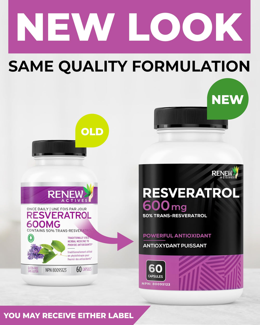 Renew Actives Resveratrol label front highlighting 50% trans-resveratrol.