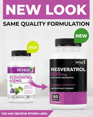 Renew Actives Resveratrol label front highlighting 50% trans-resveratrol.