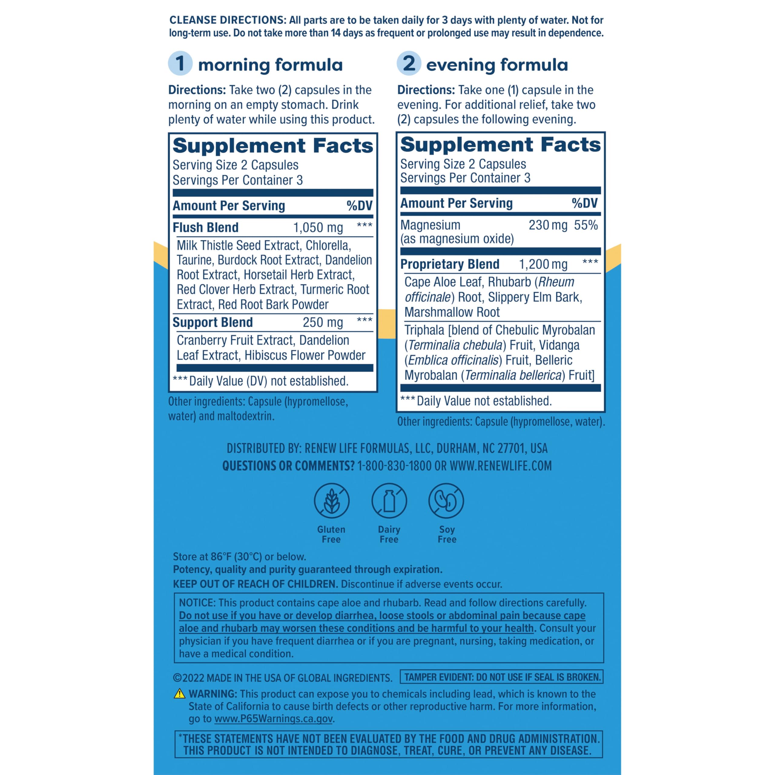 Renew Life 3-Day Cleanse dosage instructions visual, guiding morning and evening capsule timing.