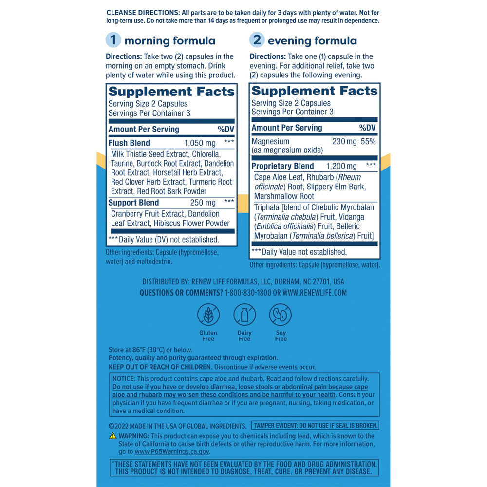Renew Life 3-Day Cleanse dosage instructions visual, guiding morning and evening capsule timing.