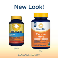 Closeup of Renew Life Cleanse More capsules, showcasing vegetarian formula.