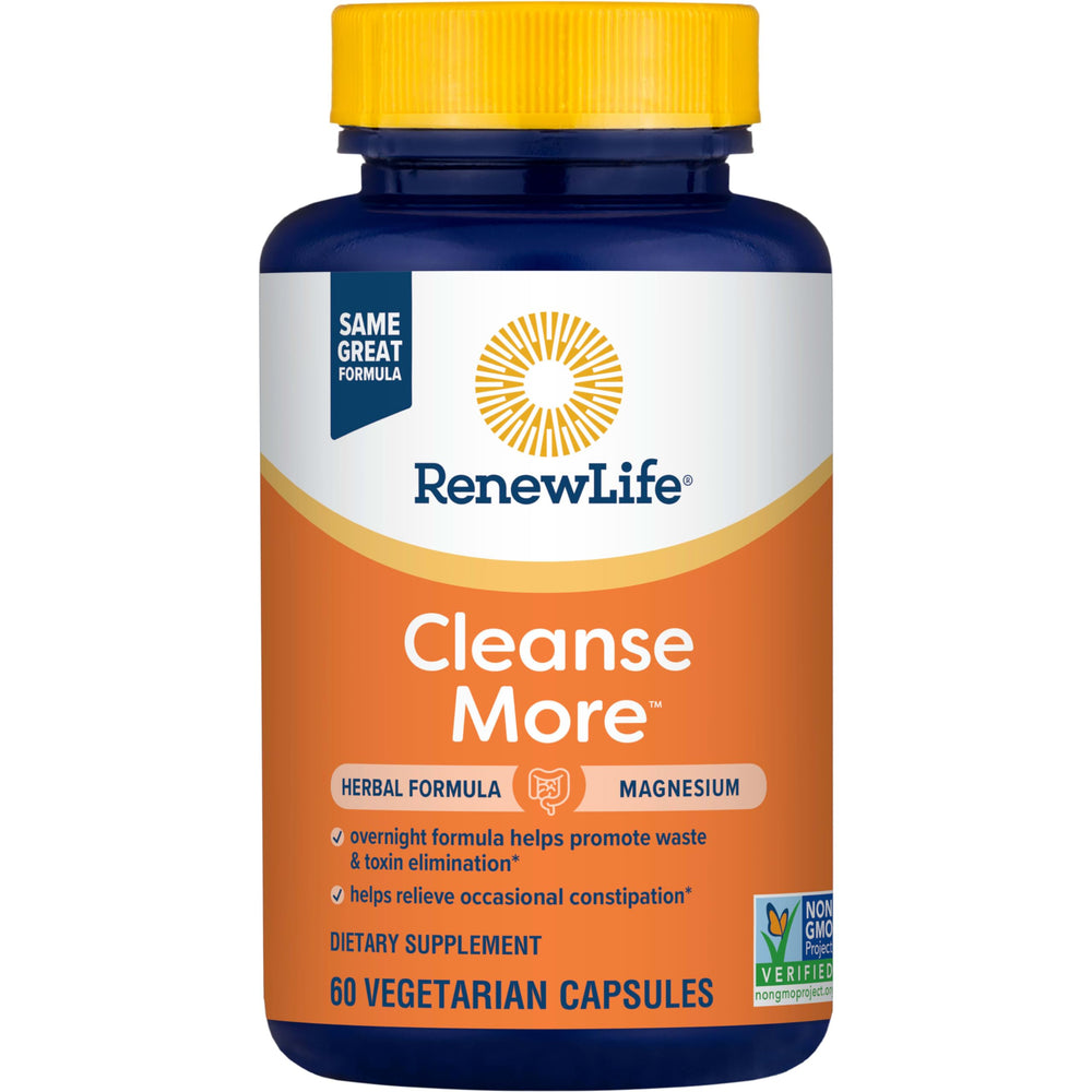 Renew Life Cleanse More label featuring gluten-free and vegan-friendly information.