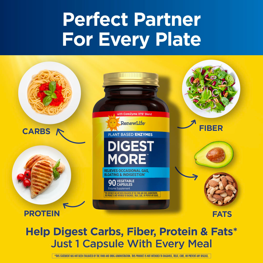 Renew Life DigestMore daily-use concept with meals supports nutrient absorption.