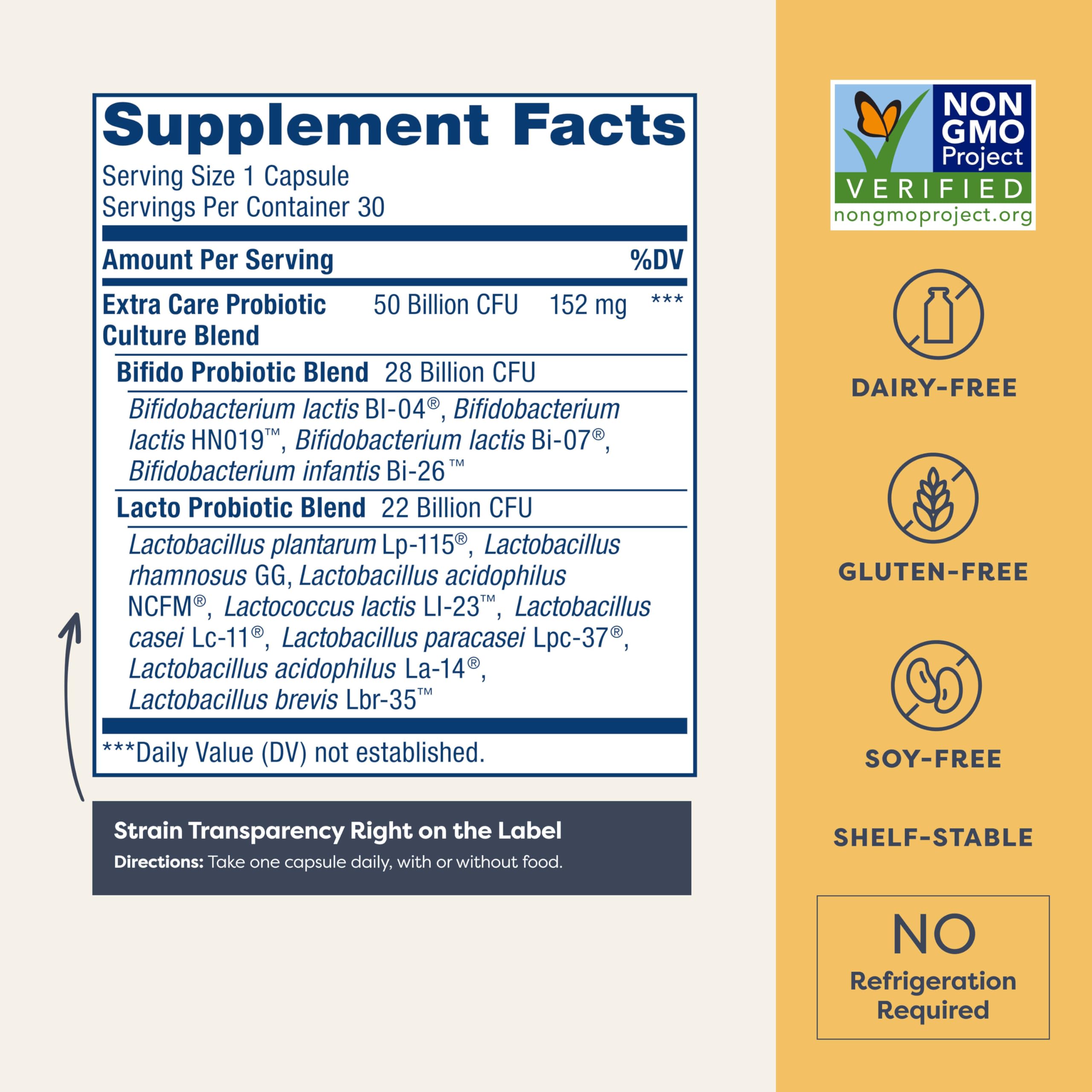 Renew Life Extra Care Digestive Probiotic bottle back showing details and dosage.