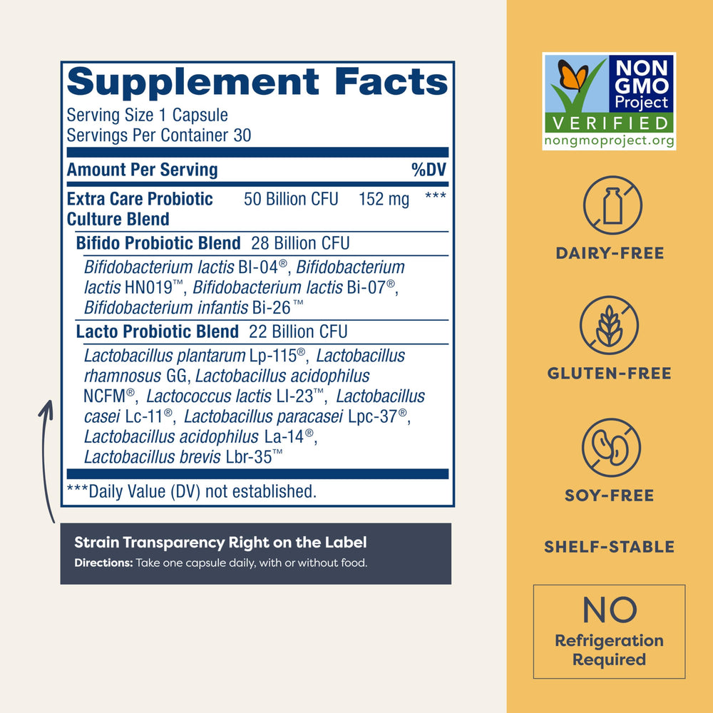 Renew Life Extra Care Digestive Probiotic bottle back showing details and dosage.