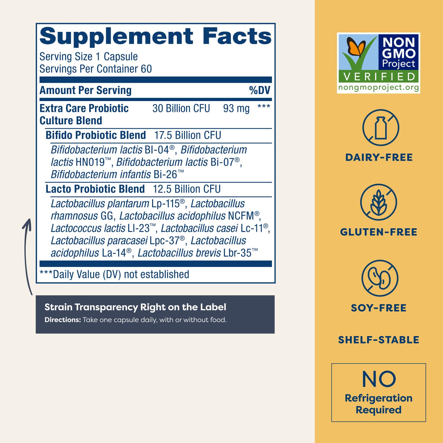 Renew Life probiotic 12-strain label close-up highlights diverse gut blends.