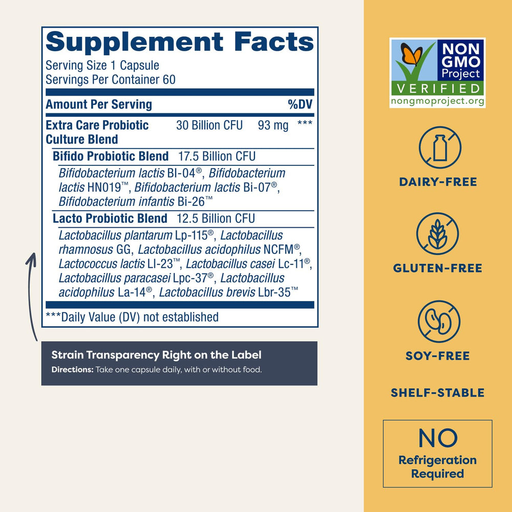 Renew Life probiotic 12-strain label close-up highlights diverse gut blends.