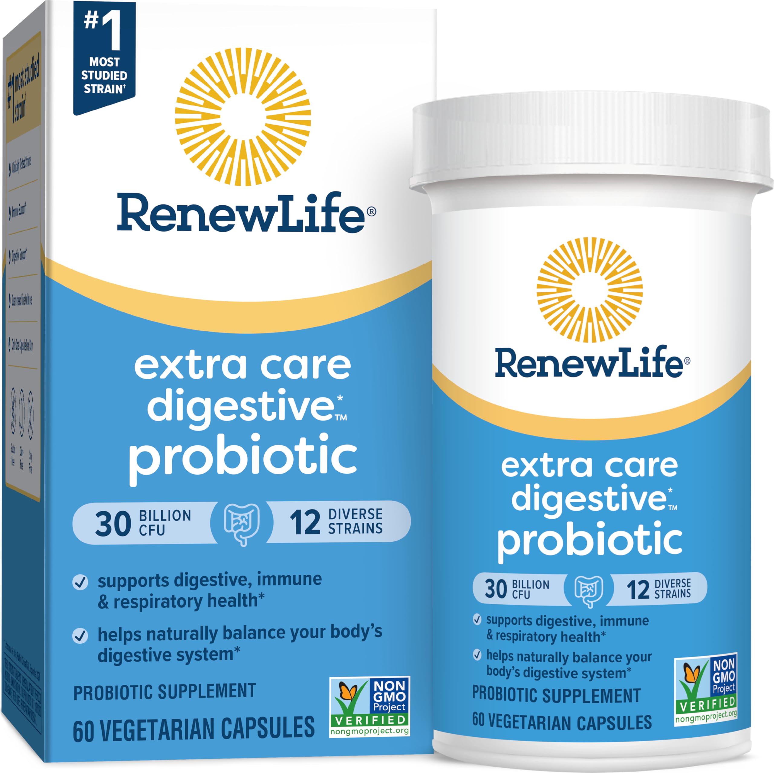 Renew Life Extra Care Probiotic bottle shows 30B CFU for digestive support.