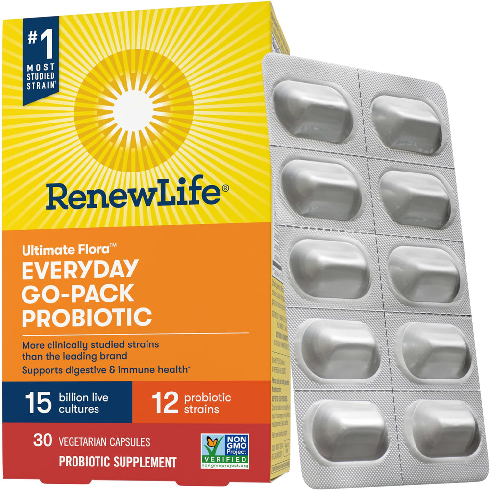 Renew Life Go-Pack box front view, a convenient daily probiotic routine.