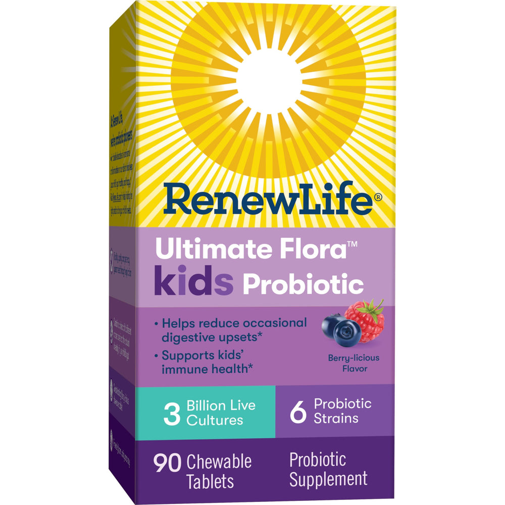 Renew Life Kids Probiotic 90-count bottle on kitchen counter