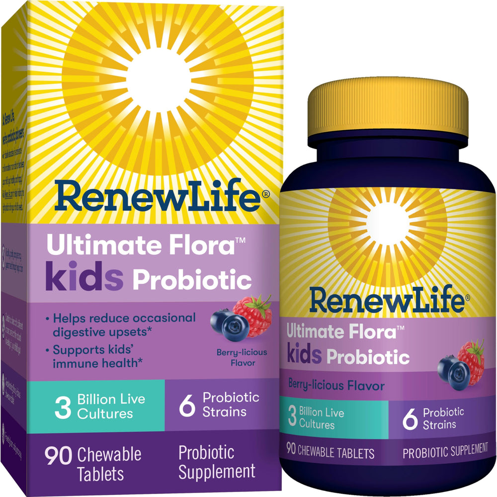 Renew Life Kids Probiotic berry chewable bottle for tasty daily digestive support